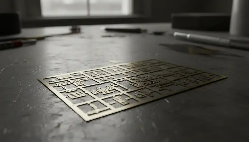 Close up of a photo-etched brass detail sheet for a model aircraft cockpit