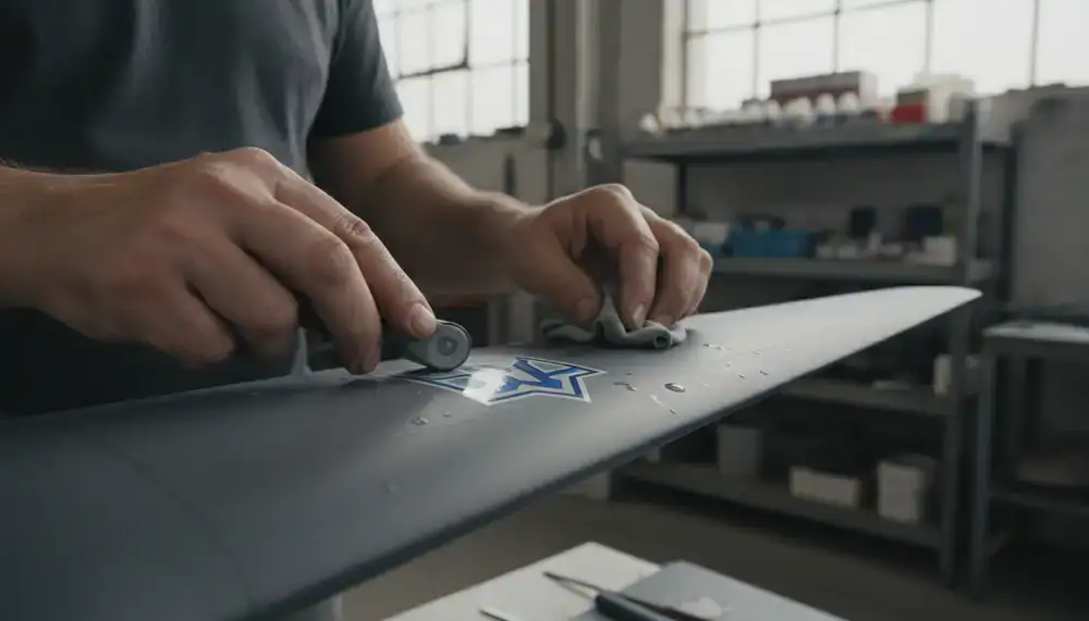 Builder's hands applying a decal to a completed model aircraft wing