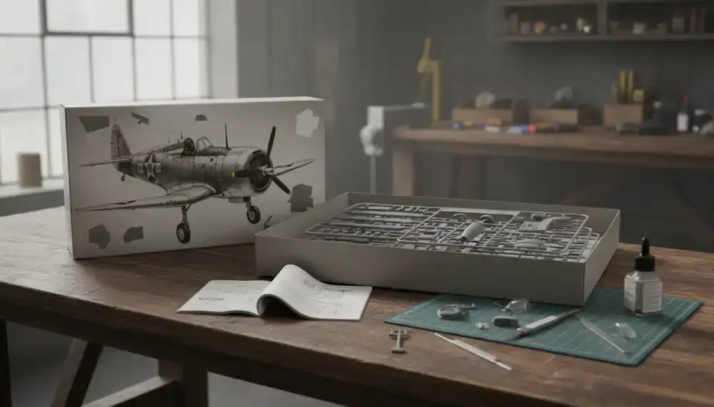 Detailed aircraft scale model box and parts laid out on a workshop bench